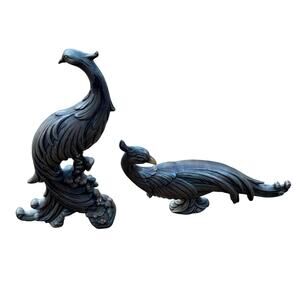 Pair Vintage Syroco Peacock Pheasant Bird Figurines with Metallic Finish Pewter